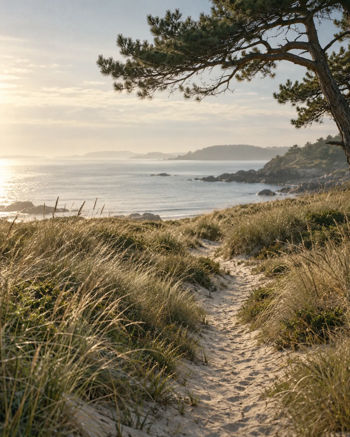 A quiet sandy path through coastal grasses, opening onto the sea